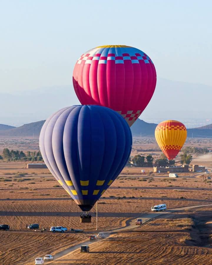 Colorful hot air balloons floating over desert landscape