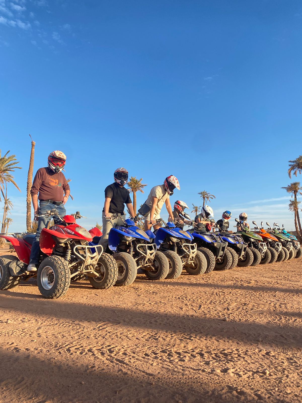 Another group shot of people with colorful ATVs in desert with palm trees